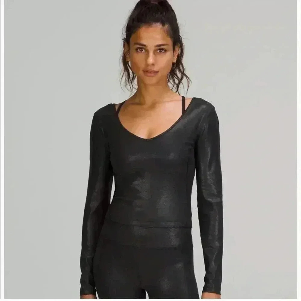 Lululemon Align Shine V-Neck Long Sleeve Crop Radiate Foil Print Black Crop